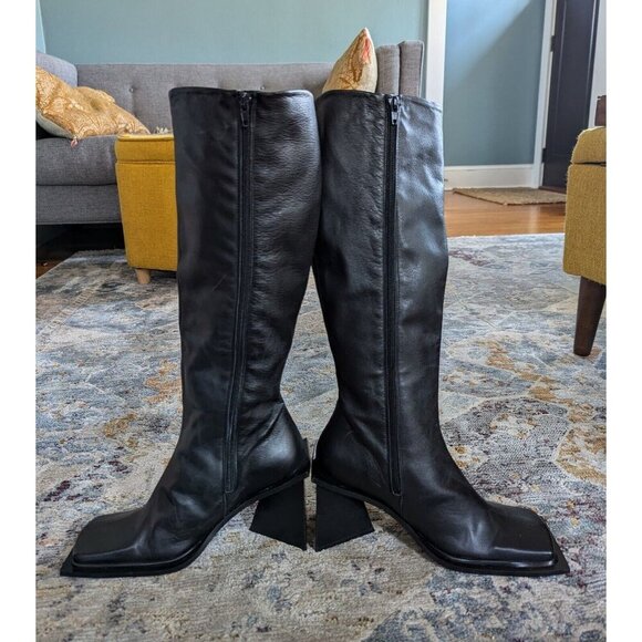 Top Shop Heather Knee High Black Leather Boots Triangular Heel Square Toe S 6.5 - Picture 7 of 13